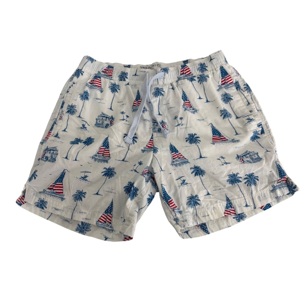 Free Planet Sailboat Surf‎ Van Shorts Mens Medium Americana Nautical White Beach